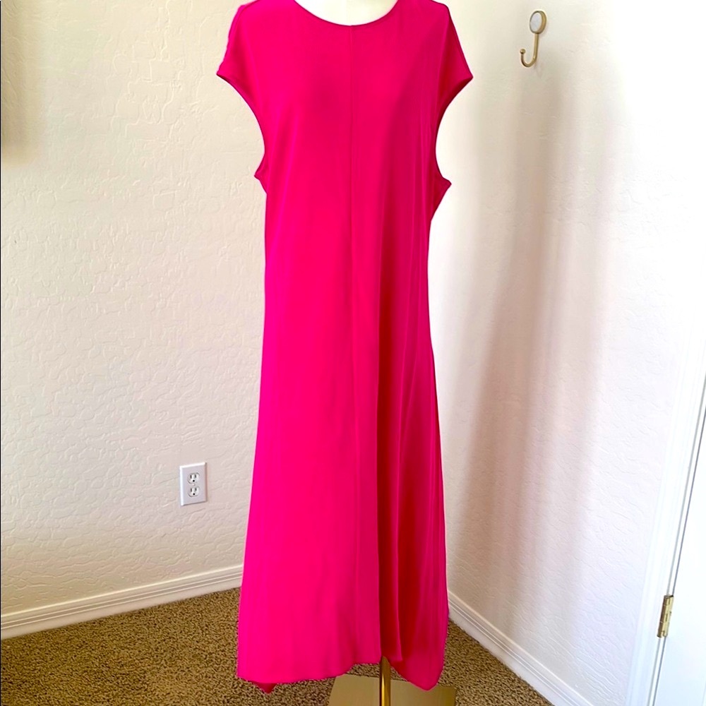 GSTQ Pink Asymmetrical Sheath Dress with Crew Neck
